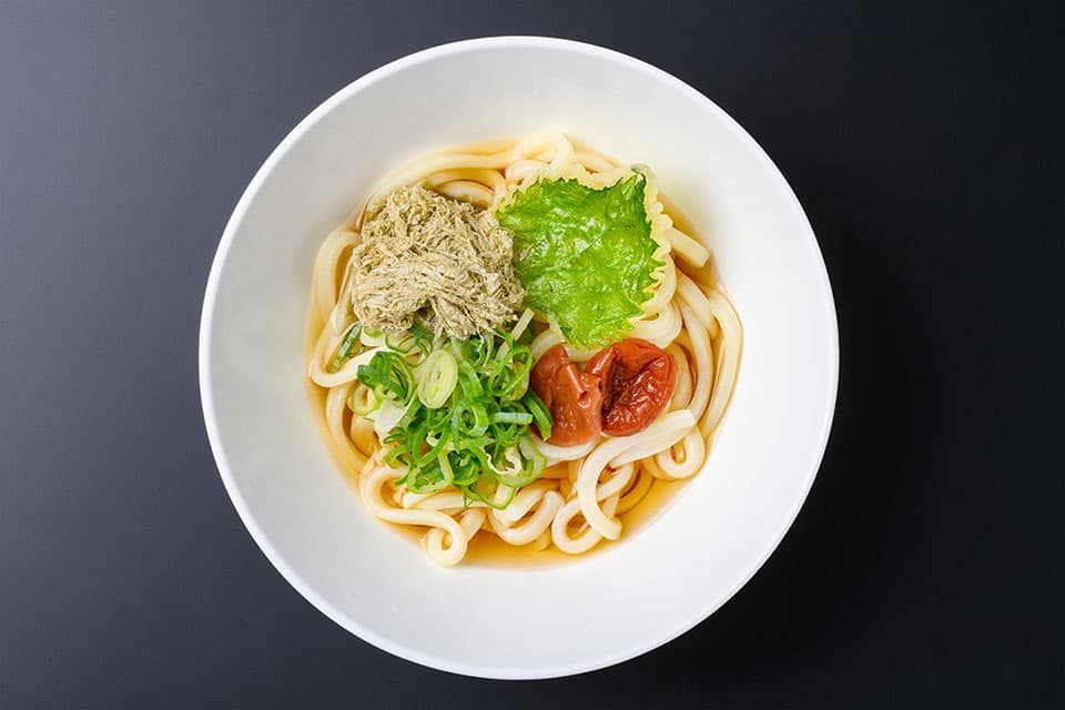 Udon with Tororo Kombu and Ume, served with seasonal tempura