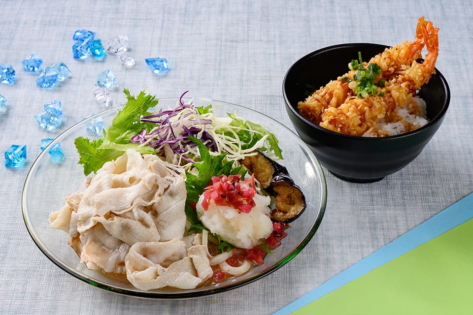 Chilled Udon with Pork Shabu and Eggplant in Plum Grated Sauce (Tempura Rice Bowl Set)