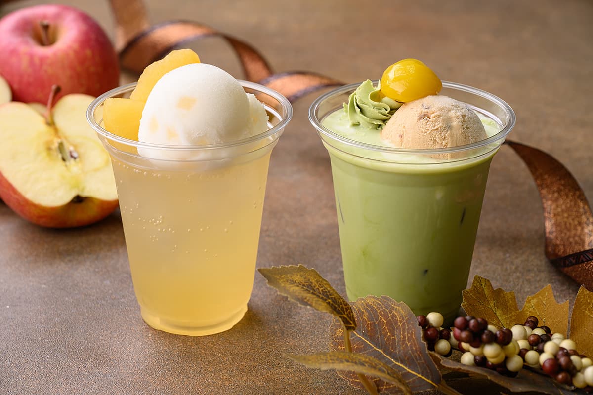Chunky Apple Float / Matcha Latte with Chestnut Gelato
